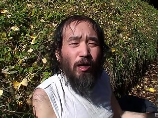 Brunette Asian in the bathroom gets groped by a businessman